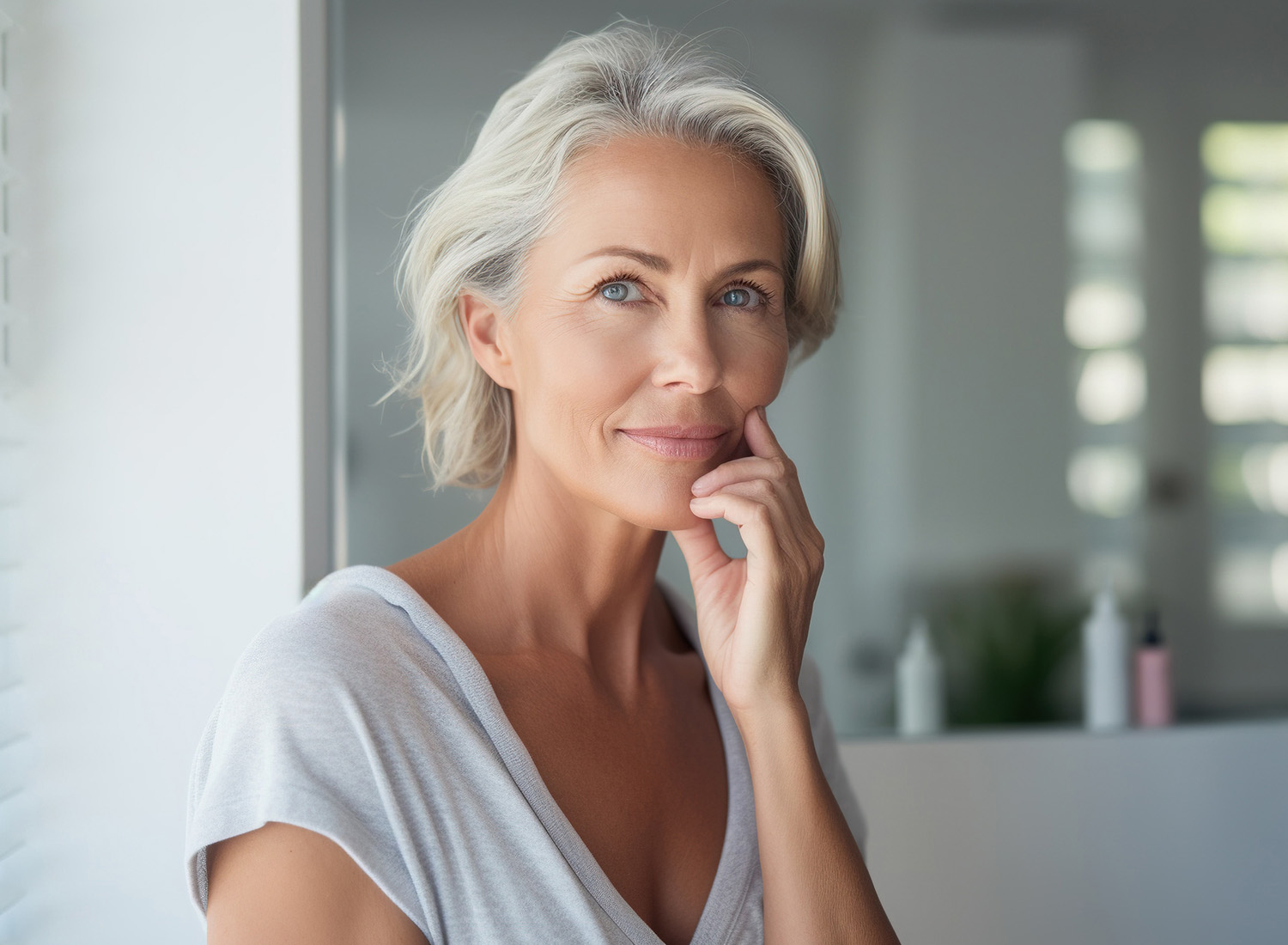 Headshot of gorgeous mid age adult 50 years old blonde woman standing in bathroom