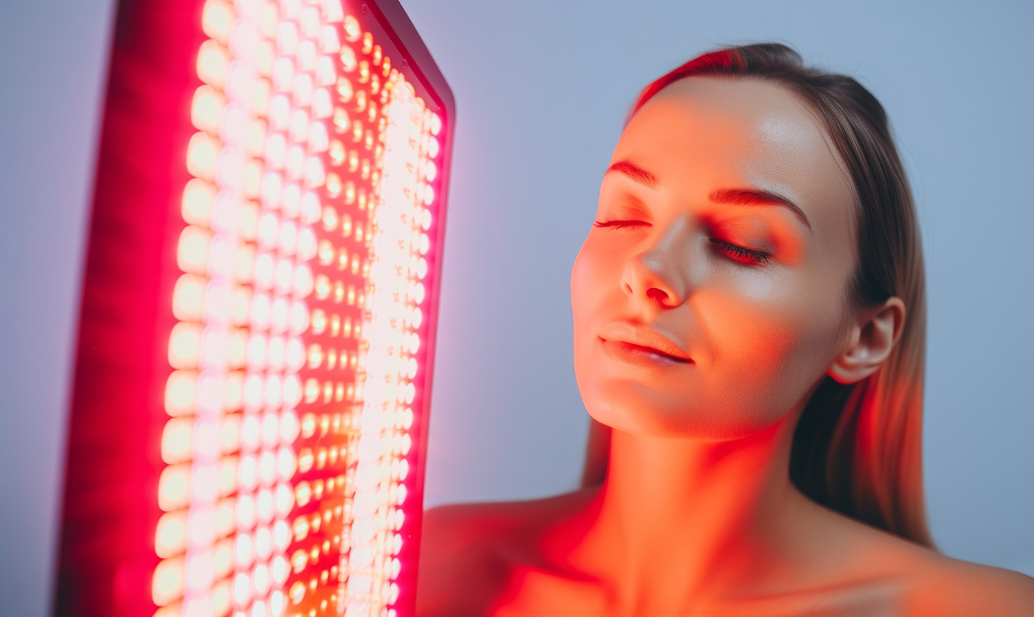Young Woman doing the Red Light Therapy Session with Panel