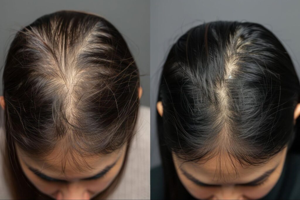 Before and after results of laser hair restoration showing significant improvement in hair density.