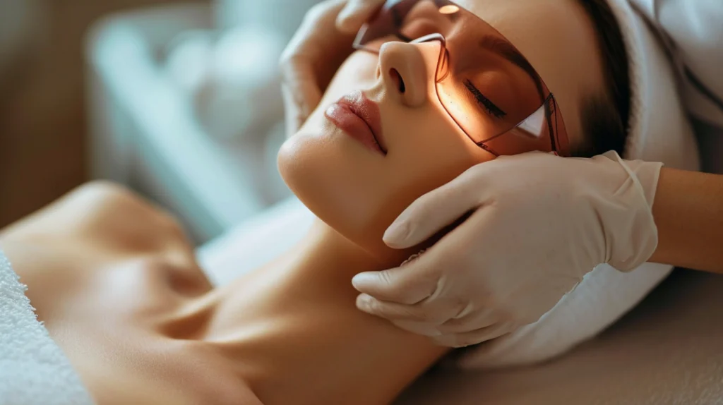 Protective glasses worn during a rosacea laser procedure for safe treatment.