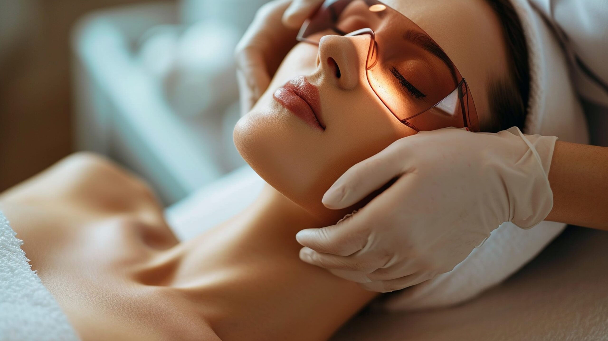 Protective eyewear during a laser scar treatment session for effective healing.