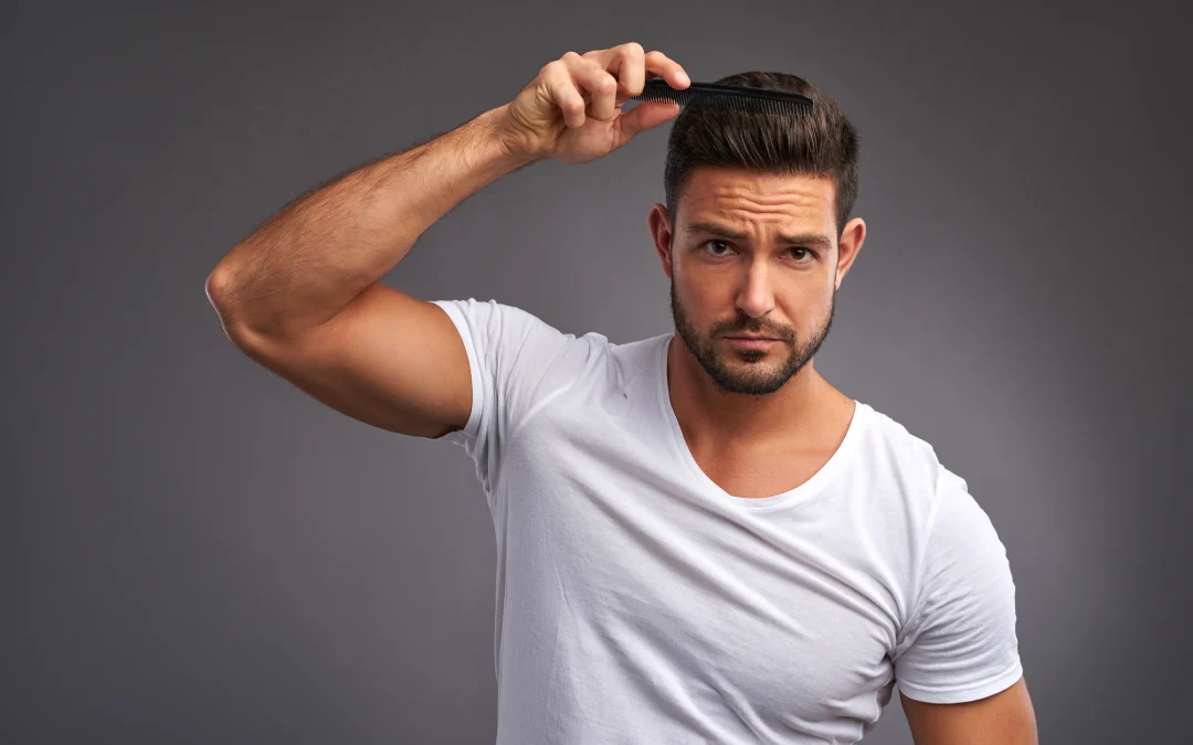 Man combing his healthy hair after laser hair restoration treatment.