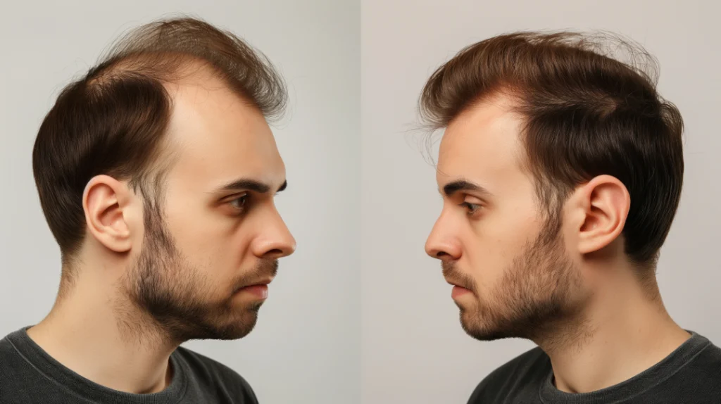 Before-and-after comparison of hair regrowth achieved through laser hair restoration.