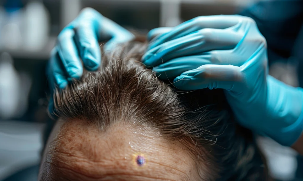 Close-up of a specialist examining a patient’s scalp during laser hair restoration preparation.