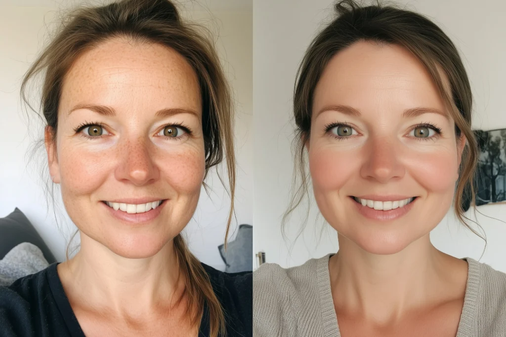 Side-by-side comparison showing skin improvements before and after PRP treatment.