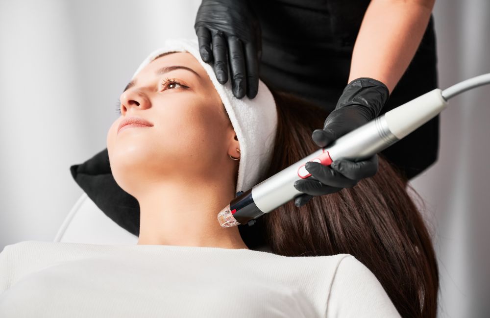 rf-microneedling-neck-treatment Side-by-side comparison of a woman's neck before and after platysmal band injections.