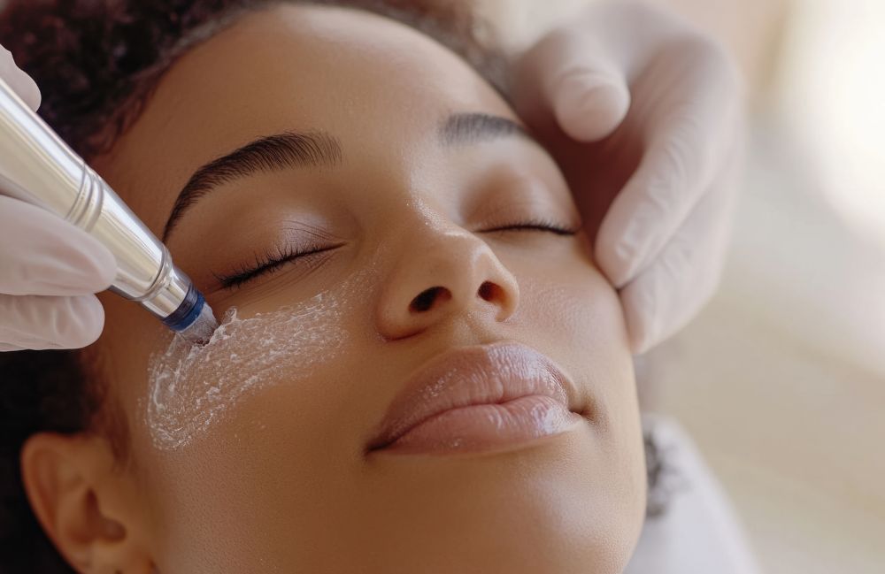 skin-texture-treatment-closeup Side-by-side comparison of a woman's neck before and after platysmal band injections.