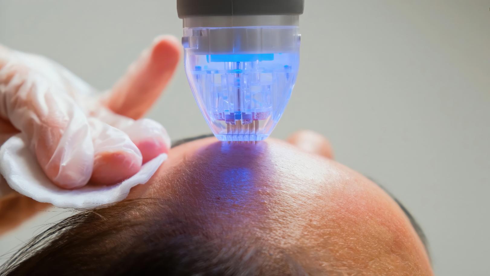 Microneedling device with visible needle tips positioned against a person's forehead beside a gloved hand.