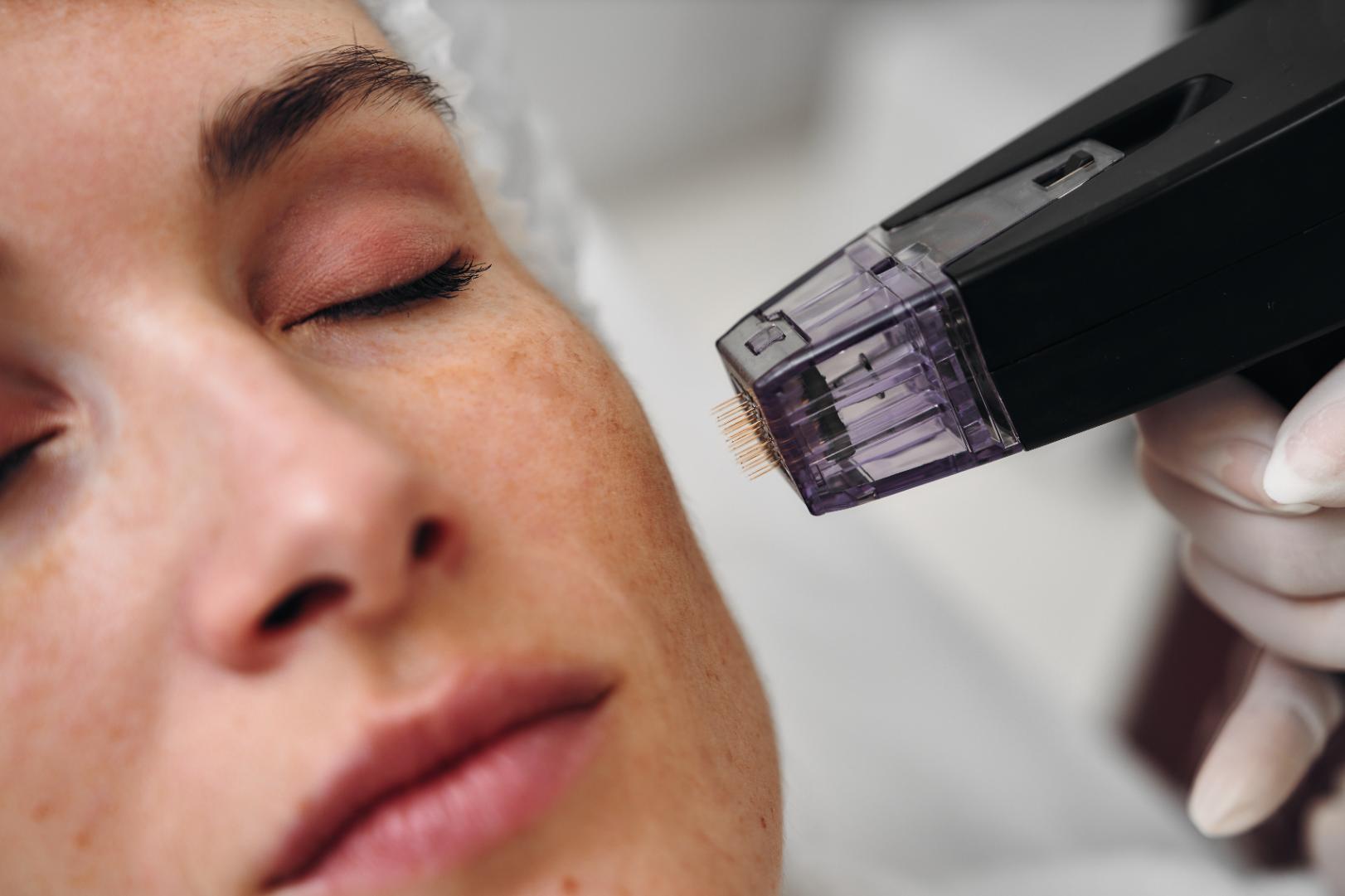 Microneedling device with fine needles held near a woman's cheek by a gloved practitioner.